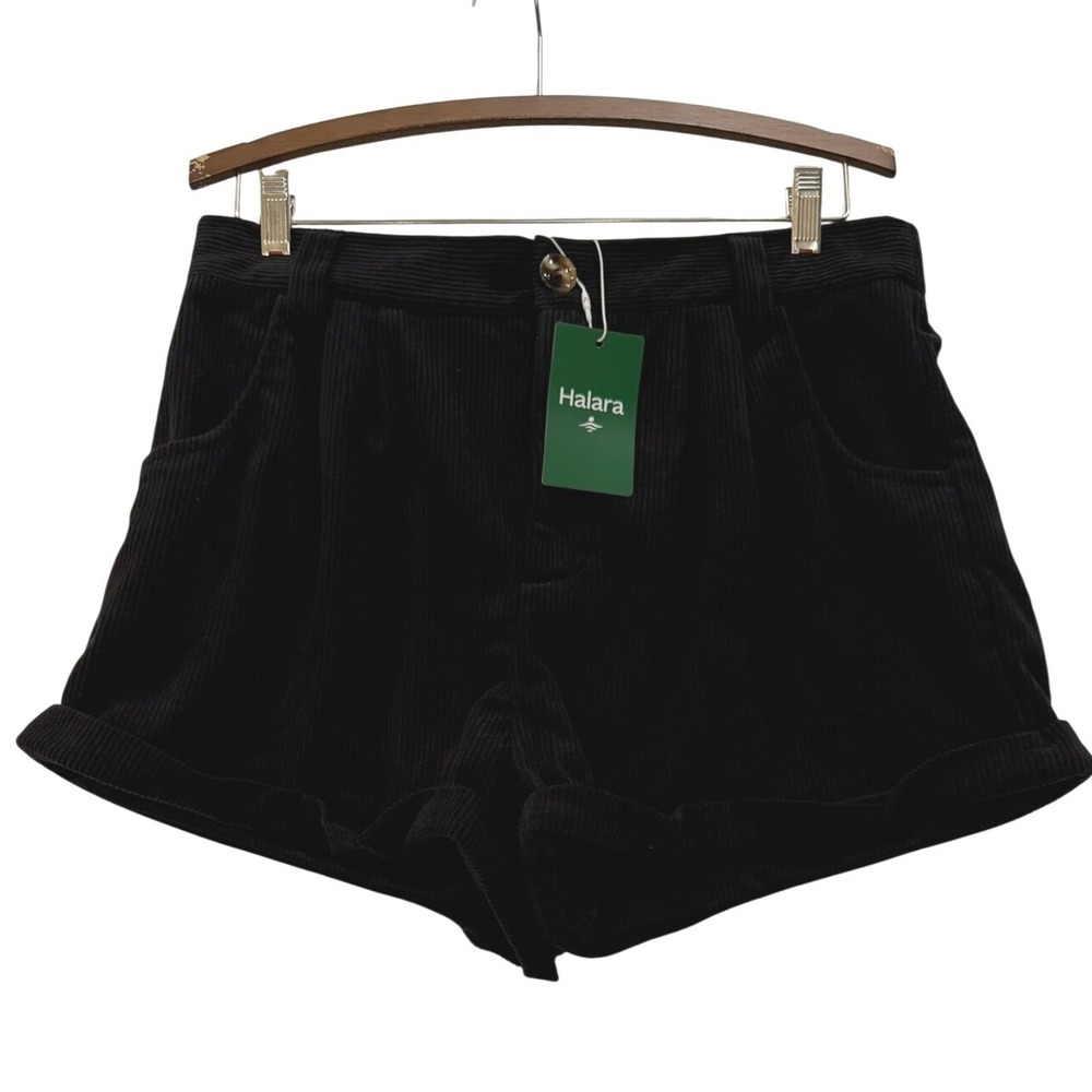 Halara Womens Black Corduroy High Waisted Cuffed Athleisure Shorts Size L NEW